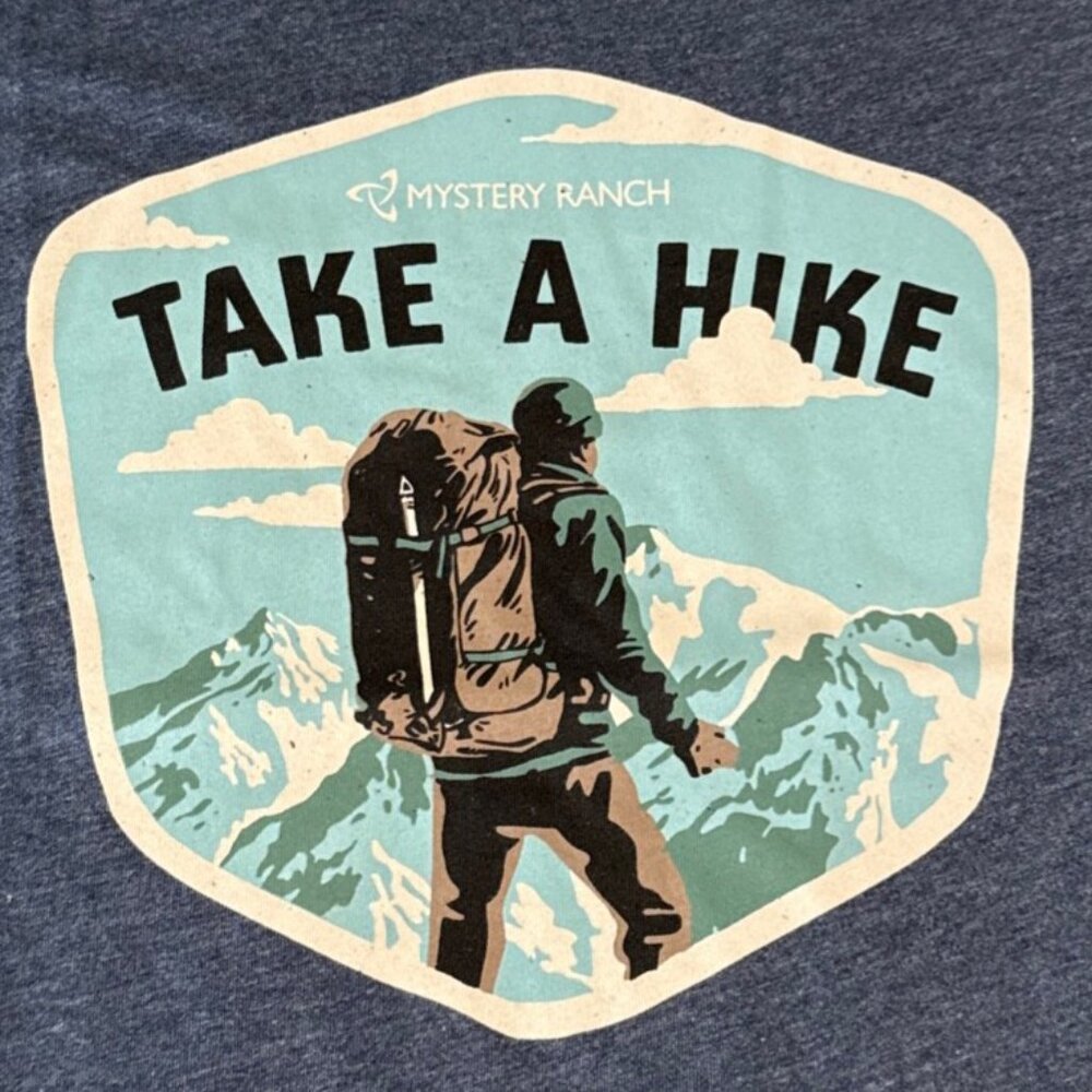 Mystery Ranch Take A Hike t-shirt Navy Heather discontinued NWT Bozeman
